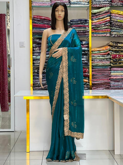 Fandy Satin Luxurious Embroidered Saree Collection with Gold Border