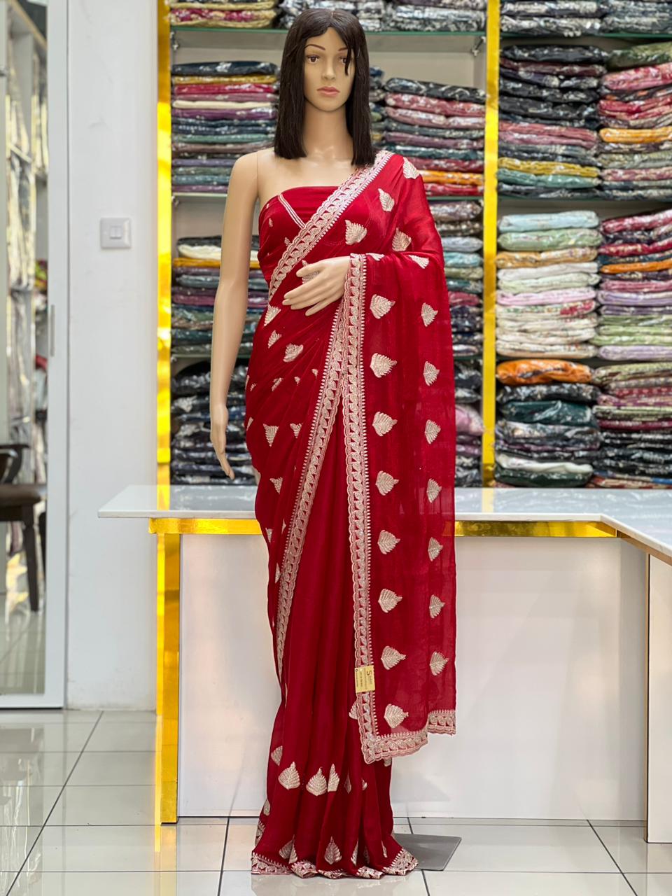 Luxury Red Fandy Chiffon Saree with Zari Embroidery & Stone Work