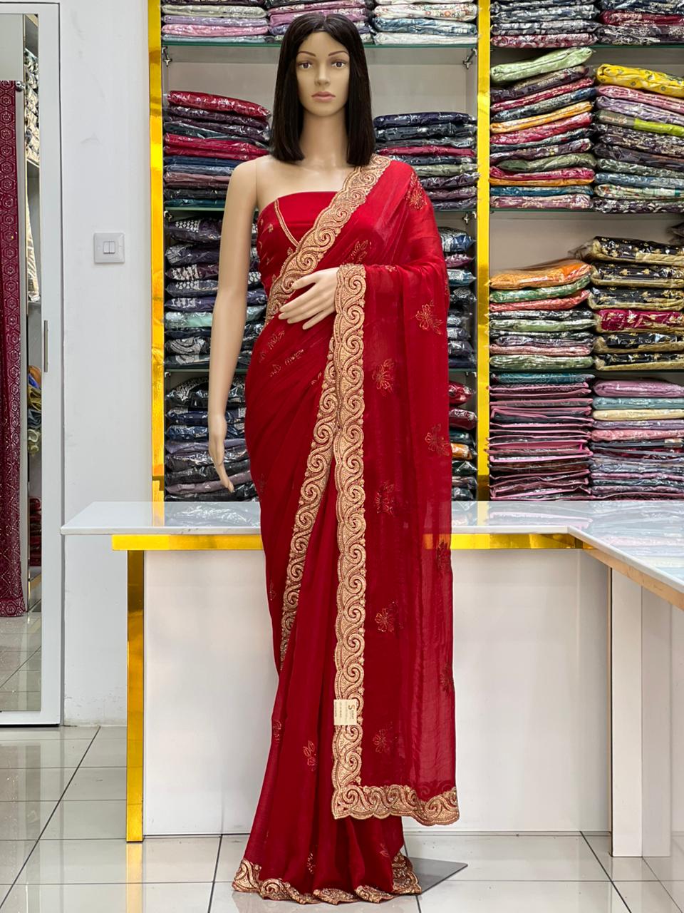 Fandy Satin Luxurious Embroidered Saree Collection with Gold Border