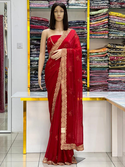 Fandy Satin Luxurious Embroidered Saree Collection with Gold Border