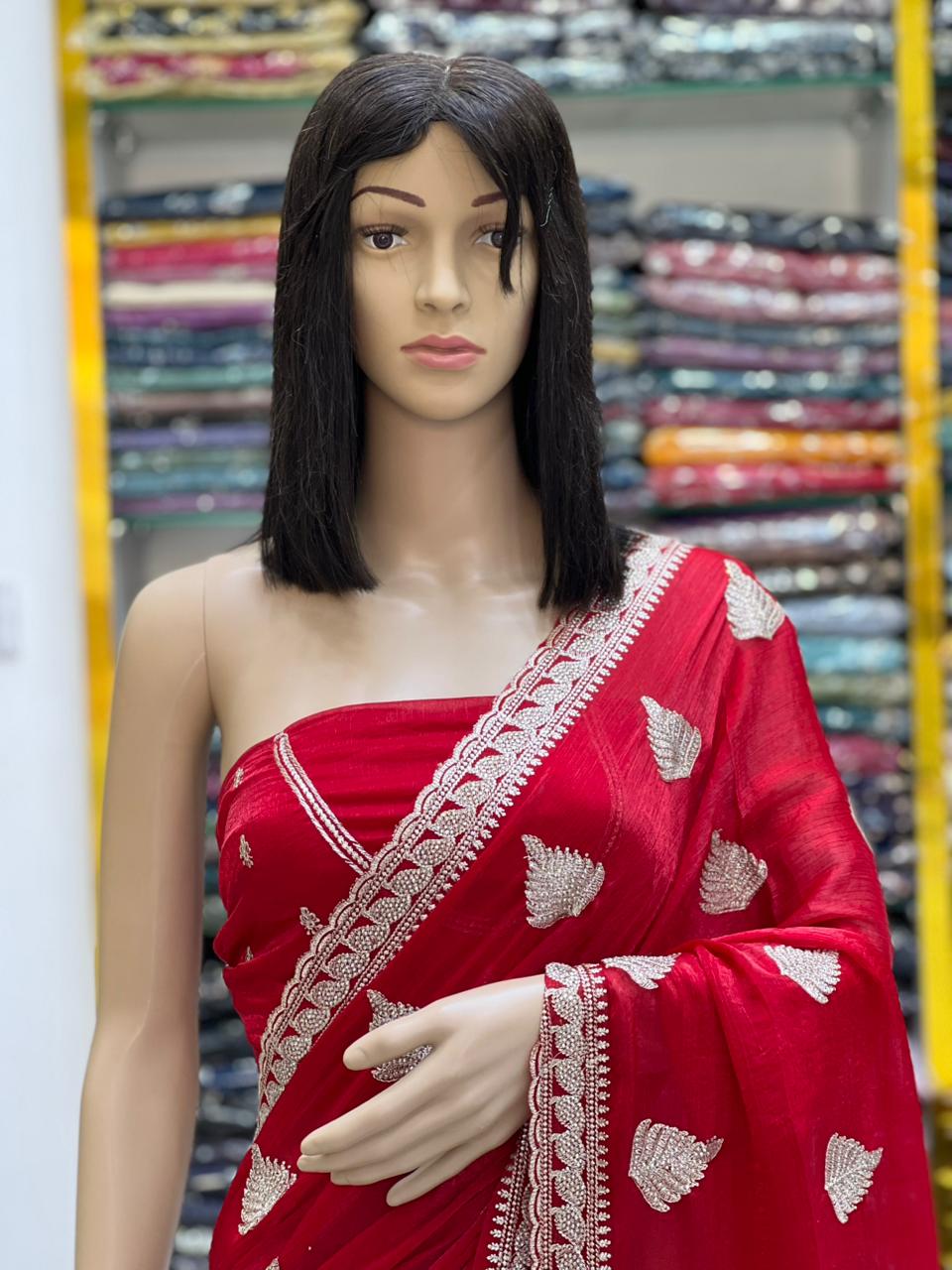 Luxury Red Fandy Chiffon Saree with Zari Embroidery & Stone Work