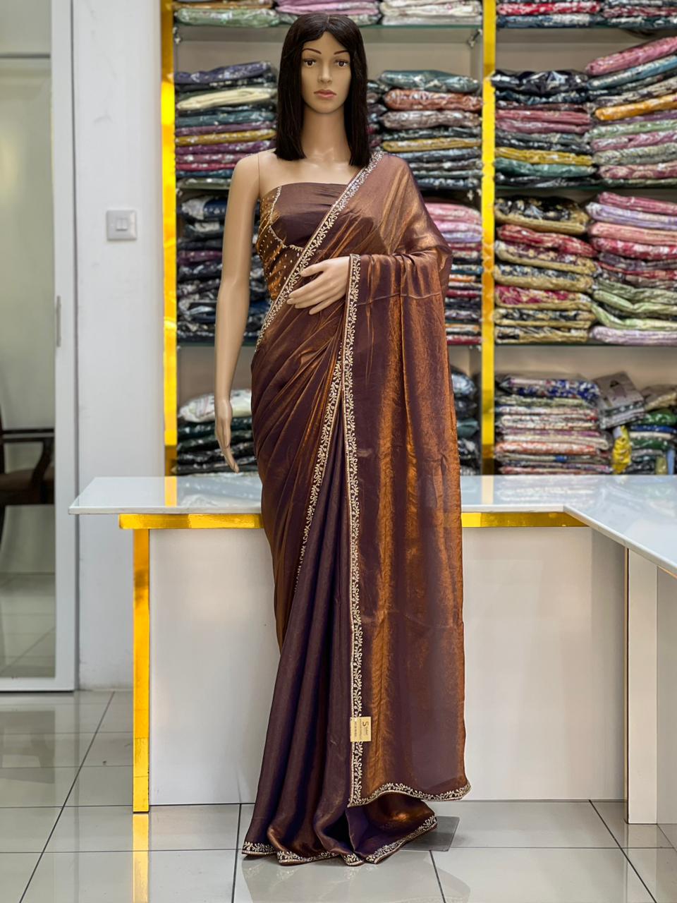 Rich Chocolate Brown Satin Silk Saree with Elegant Embroidered Border