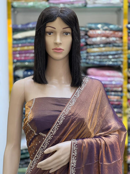 Rich Chocolate Brown Satin Silk Saree with Elegant Embroidered Border