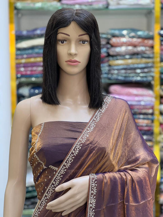 Rich Chocolate Brown Satin Silk Saree with Elegant Embroidered Border