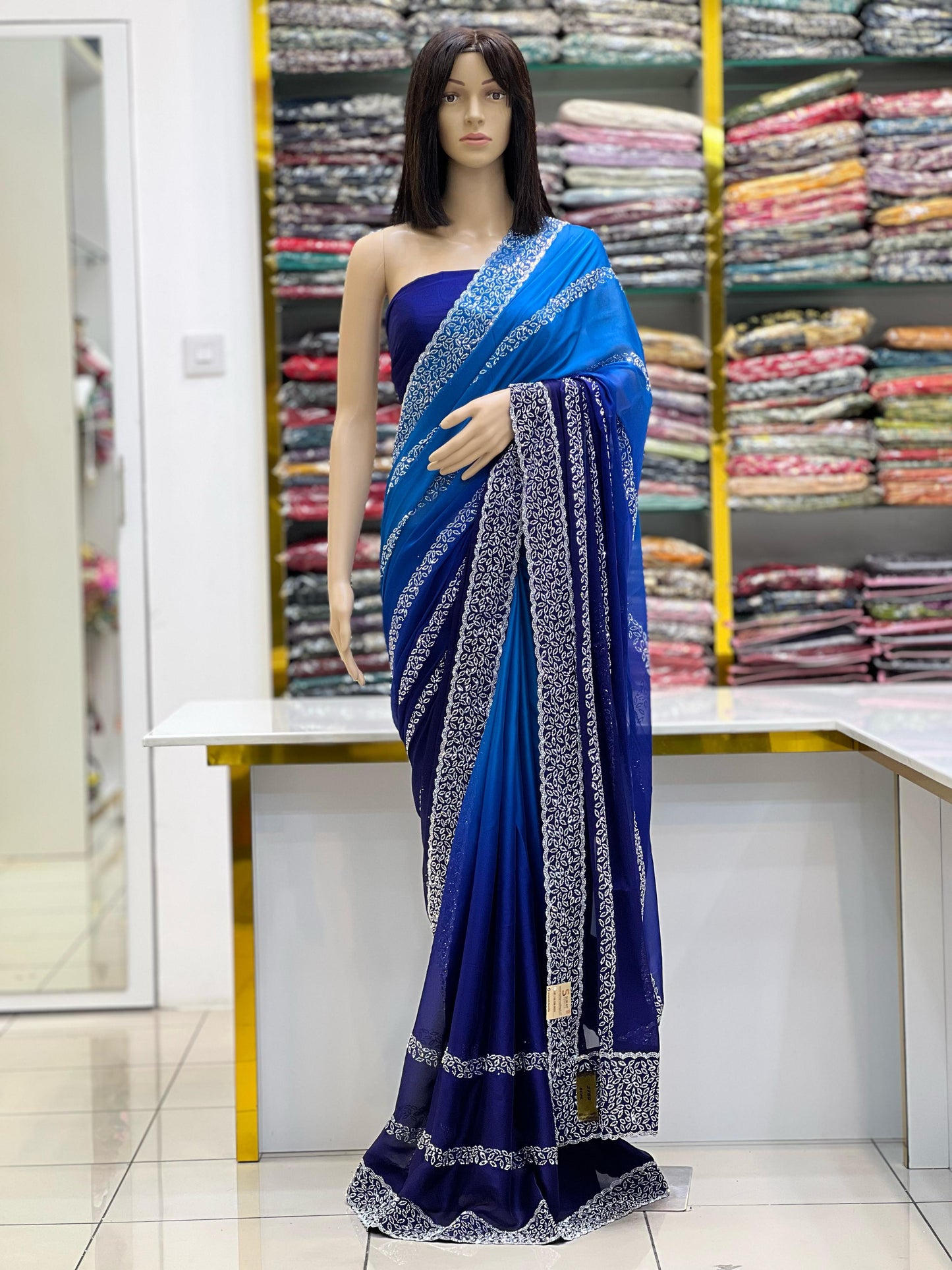 Royal Blue Ombre Rangoli Silk Saree with Silver Swarovski Border