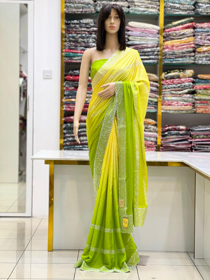Lime Green & Yellow Ombre Rangoli Silk Saree with Silver Swarovski Border