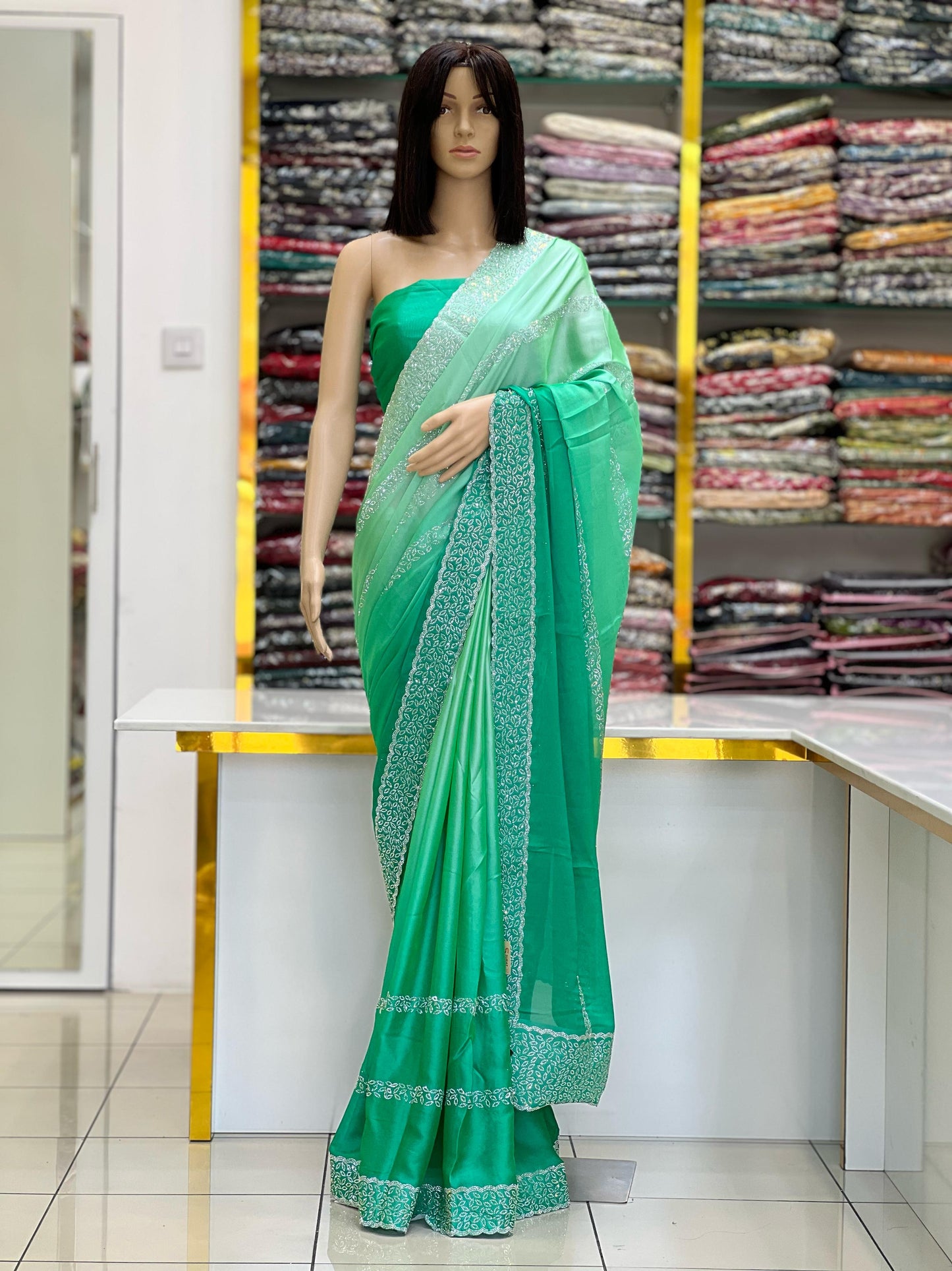 Mint Green & Emerald Ombre Rangoli Silk Saree with Silver Swarovski Border