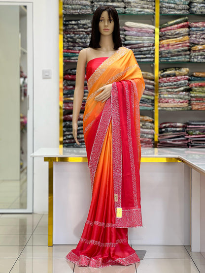 Dual-Tone Orange & Red Rangoli Silk Saree with Silver Swarovski Border