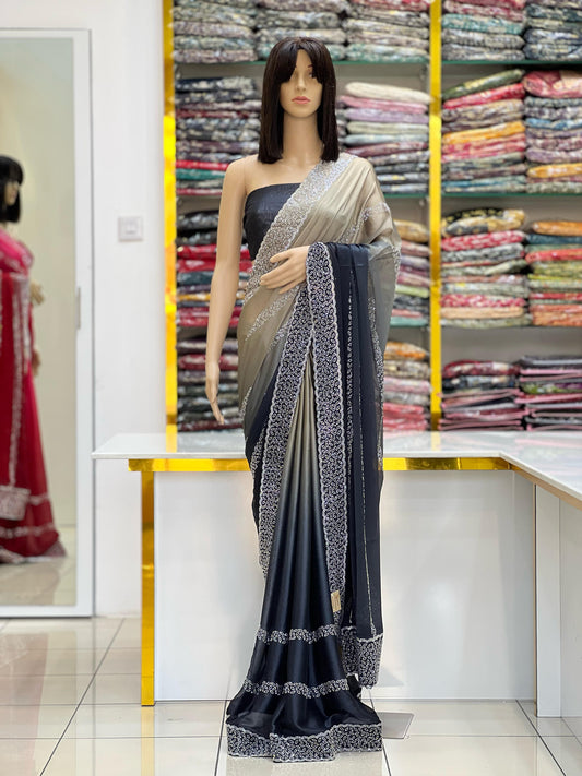 Elegant Black & Beige Ombre Rangoli Silk Saree with Silver Swarovski Border