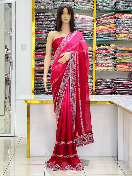 Classic Cherry Red Rangoli Silk Saree with Silver Swarovski Border