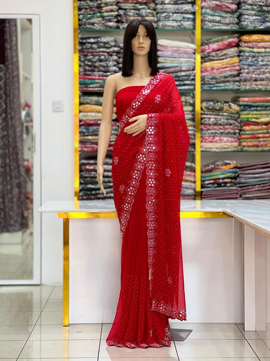 Elegant Red Georgette Saree with Original Mirror & Swarovski Stone Work
