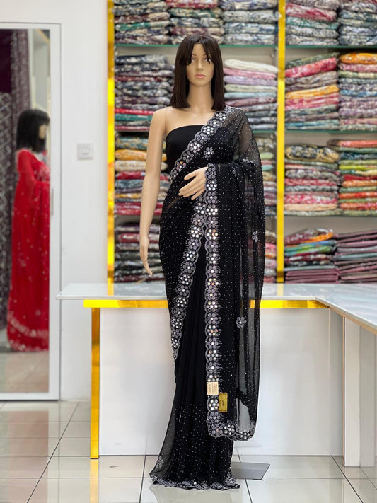 Elegant Black Georgette Saree with Original Mirror & Swarovski Stone Work