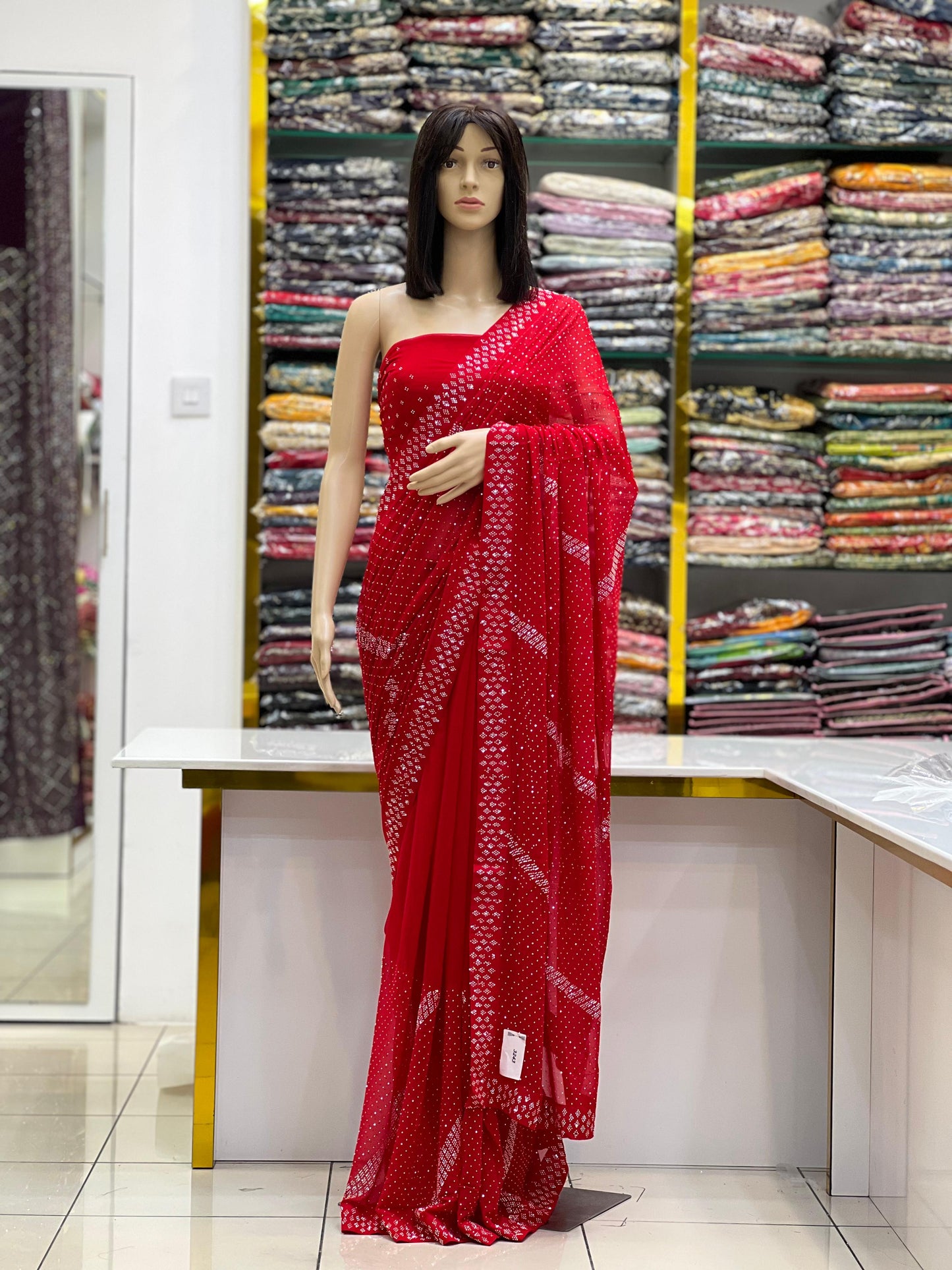 Stylish Red Stone Work Saree for Festive & Special Occasions