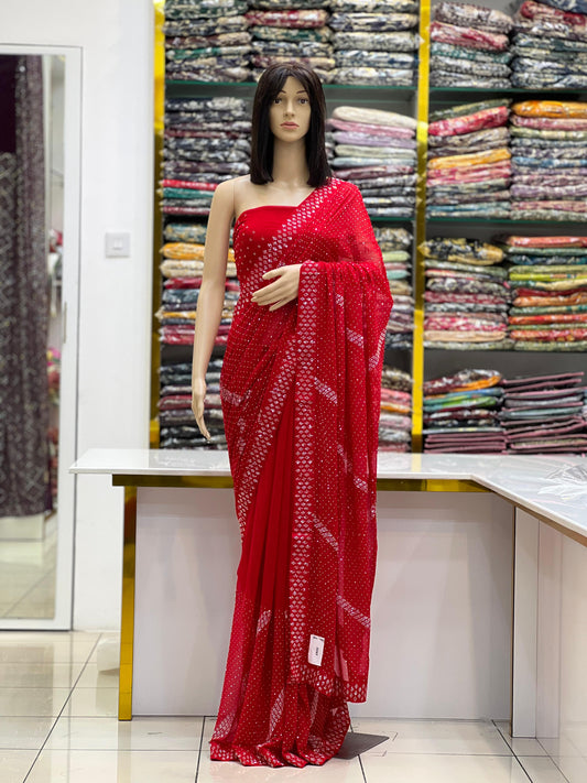 Stylish Red Stone Work Saree for Festive & Special Occasions