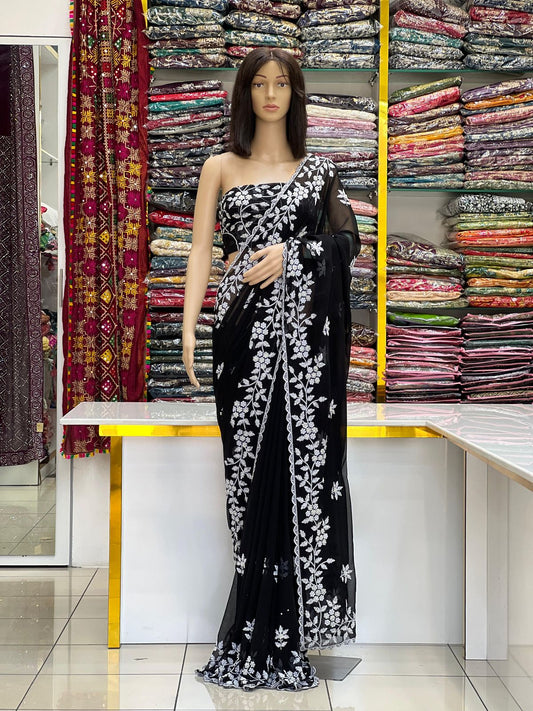 Elegant Black Georgette Saree with White Floral Thread Embroidery & Moti Work
