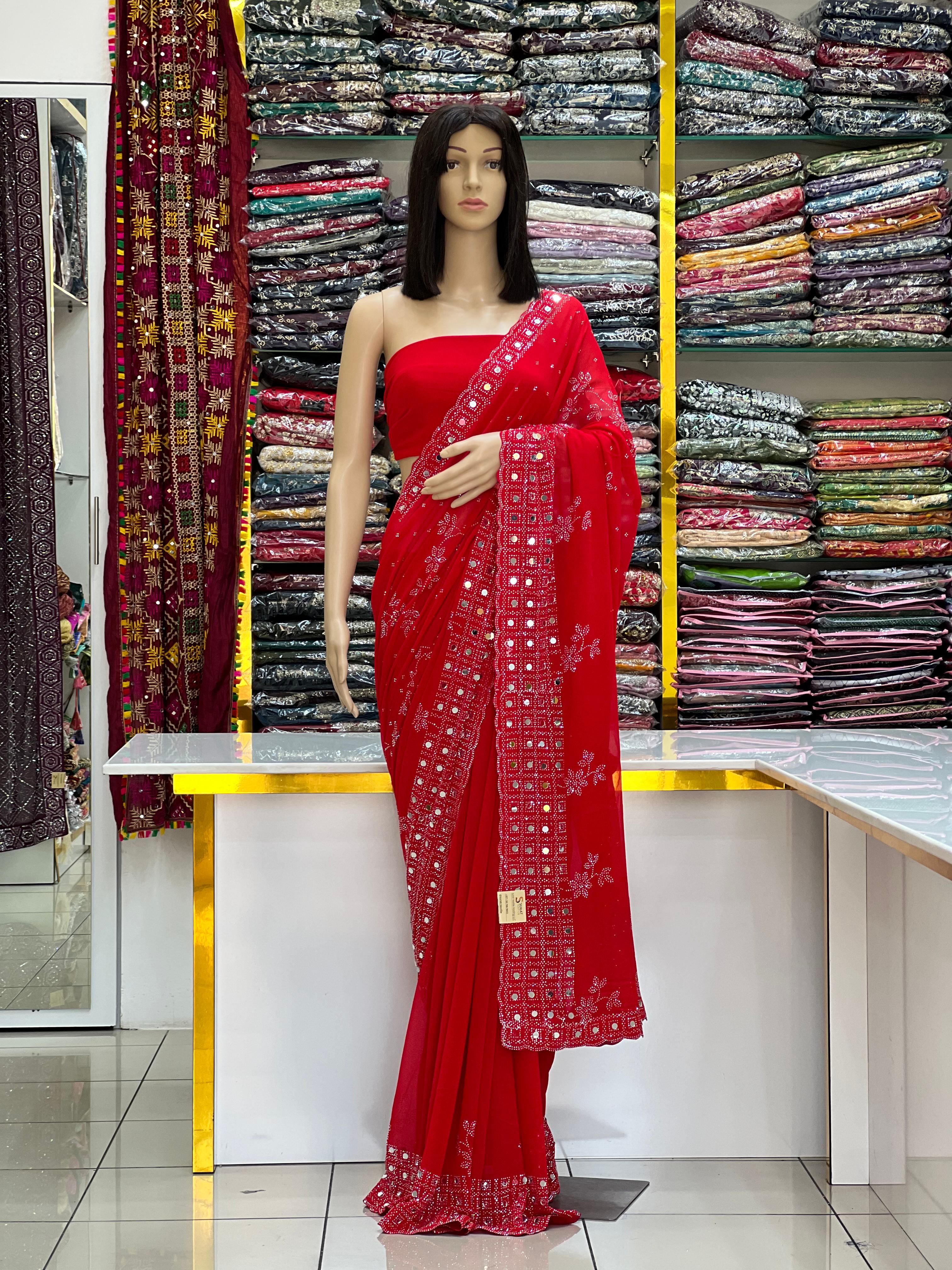 Elegant Solid Red Georgette Saree with Original Mirror & Swarovski Stone Work
