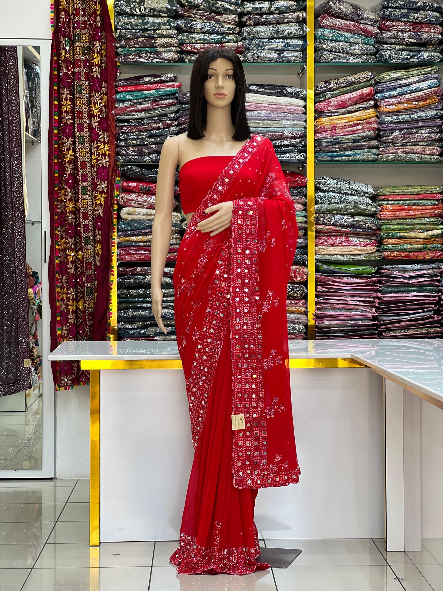 Elegant Solid Red Georgette Saree with Original Mirror & Swarovski Stone Work