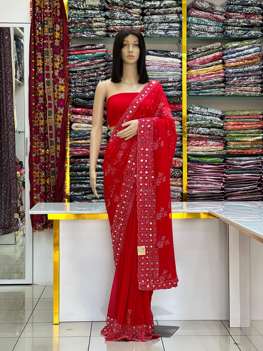 Elegant Solid Red Georgette Saree with Original Mirror & Swarovski Stone Work