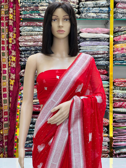 Red Georgette Saree with Silver Zari Border and Heart Motifs