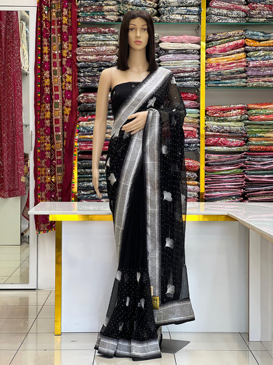 Black Georgette Saree with Silver Zari Border and Heart Motifs
