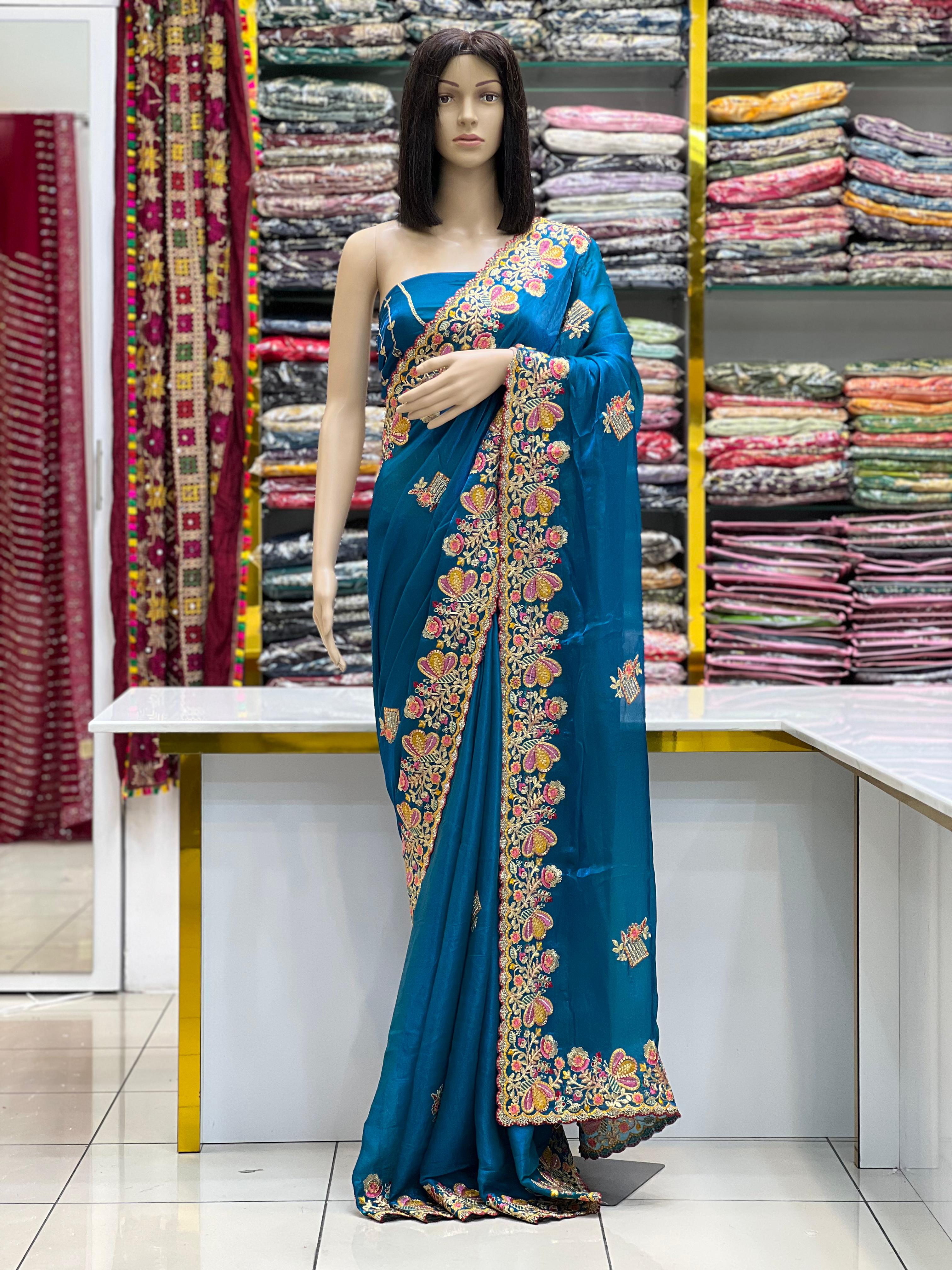 Royal Teal Space Silk Saree with Heavy Embroidery Border
