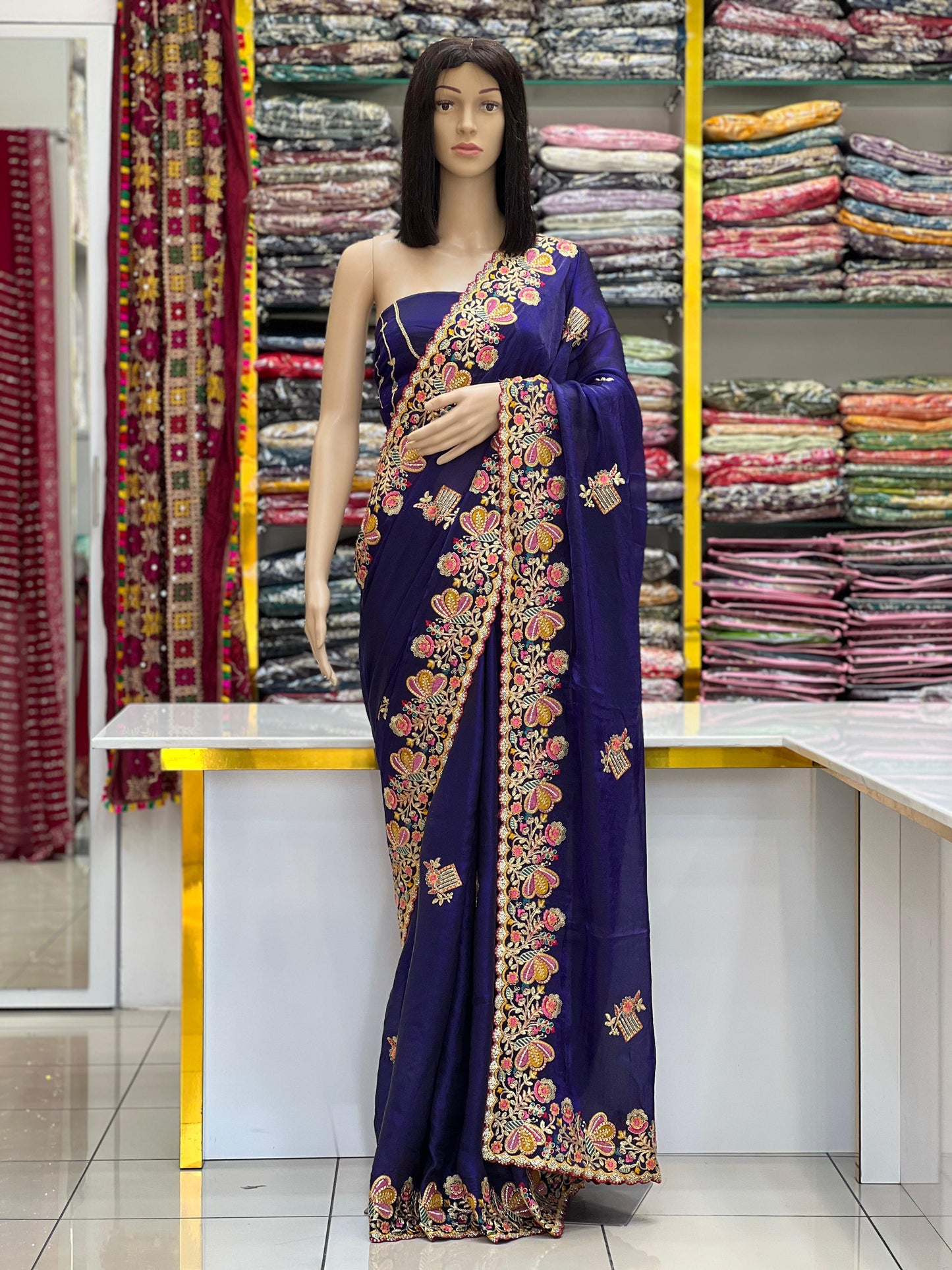 Royal Navy Blue Space Silk Embroidery Saree with Heavy Border