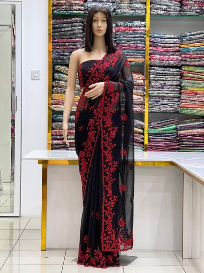 Elegant Black Georgette Saree with Red Floral Thread Embroidery & Moti Work