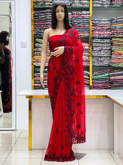 Elegant Red Georgette Saree with Black Floral Thread Embroidery & Moti Work