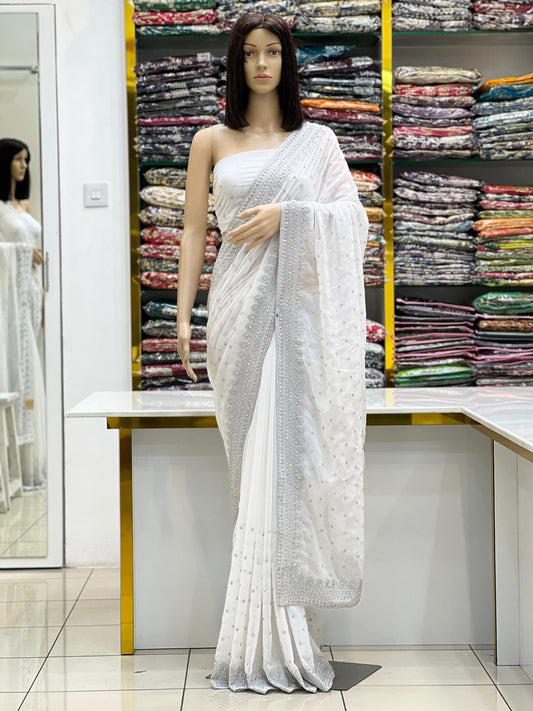 Elegant White Georgette Saree with Silver Zari Embroidery & Stone Work