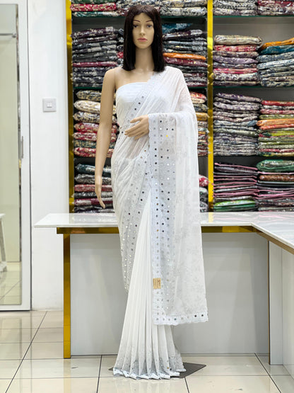Elegant Pure White Georgette Saree with Original Mirror & Swarovski Stone Work