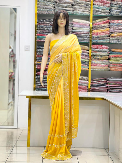 Sunshine Yellow Rangoli Silk Saree with Silver Swarovski Border