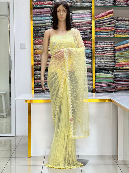 Pastel Yellow Net Saree with Elegant Embroidery Border