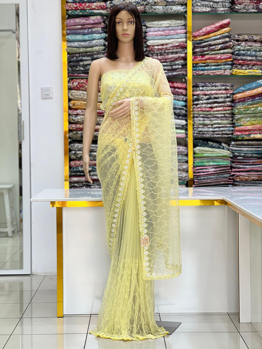 Pastel Yellow Net Saree with Elegant Embroidery Border
