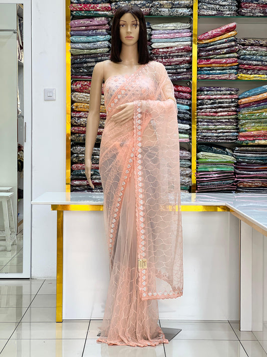 Peach Net Saree with Elegant Thread Embroidery & Designer Border
