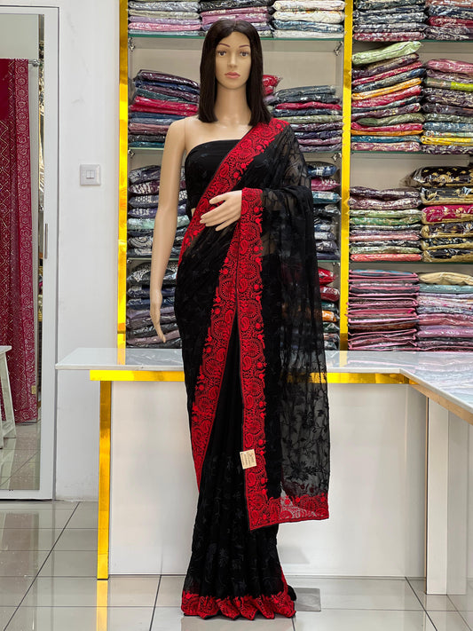 Elegant Black Georgette Saree with Rich Red Embroidered Border