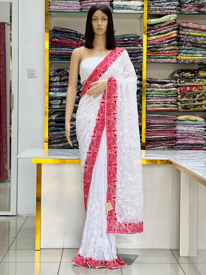 White Georgette Saree with Red Embroidered Border – Elegant & Timeless Design