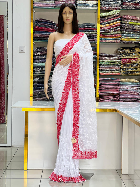 White Georgette Saree with Red Embroidered Border – Elegant & Timeless Design