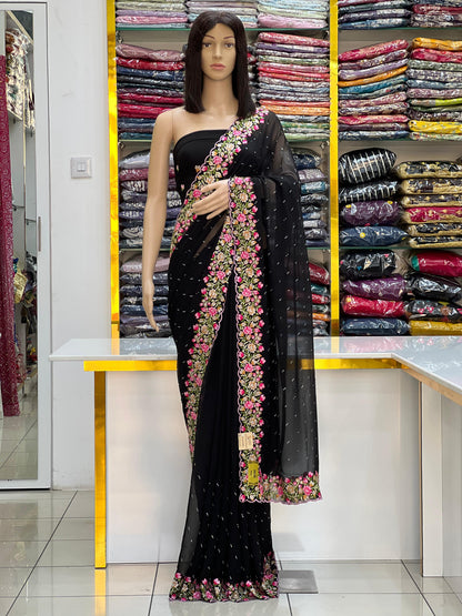 Elegant Black Georgette Saree with Multicolor Floral Embroidery Border