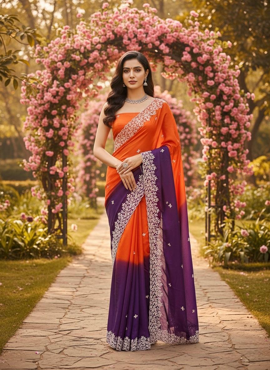 Dual-Tone Silk Saree with Heavy Embroidered Border