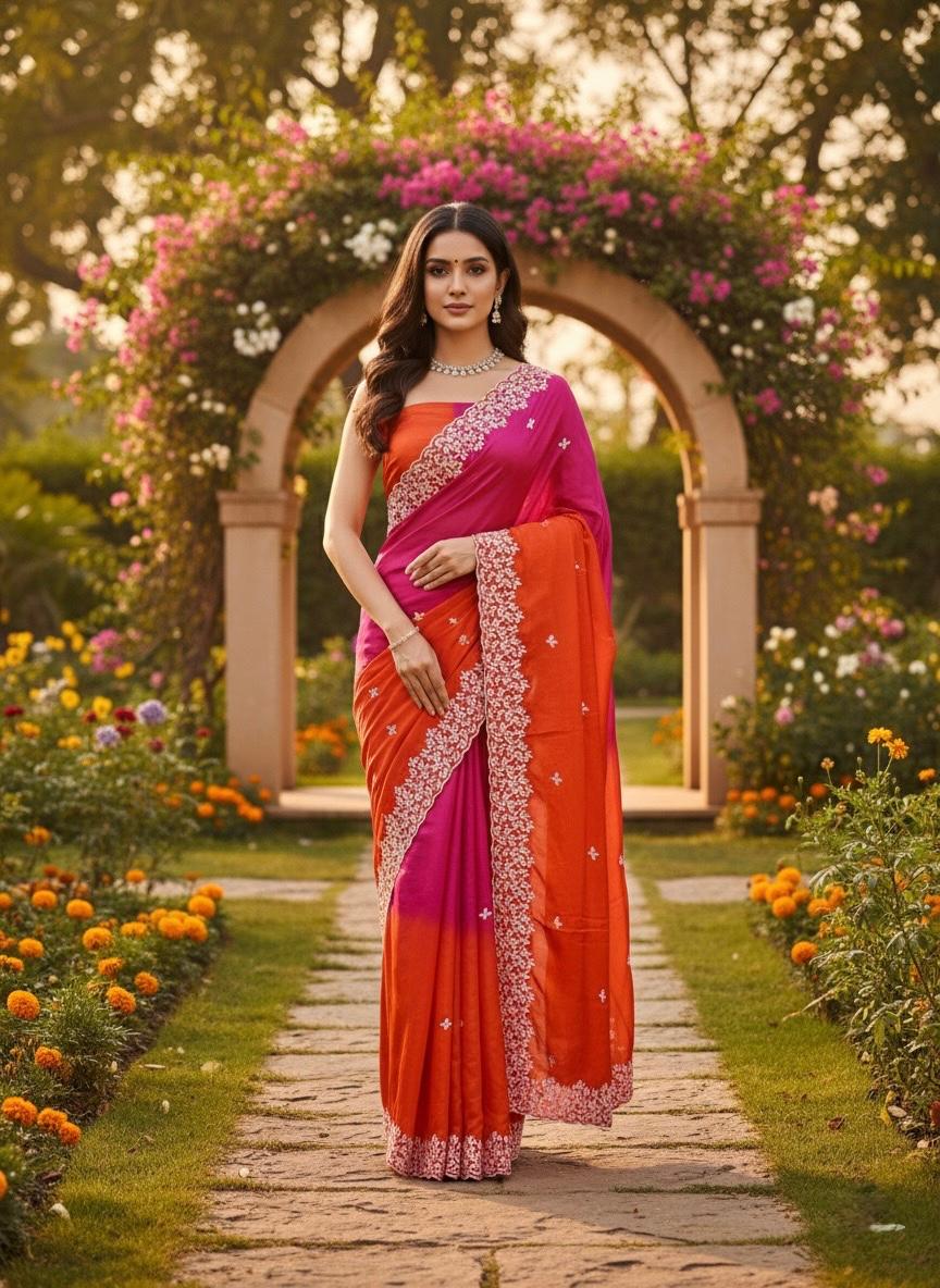 Dual-Tone Silk Saree with Heavy Embroidered Border