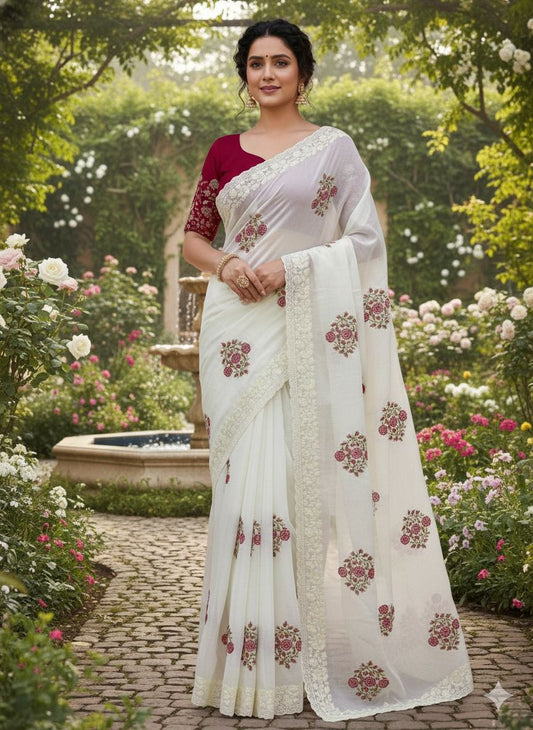 Elegant White Georgette Saree with Exquisite Resham Embroidery