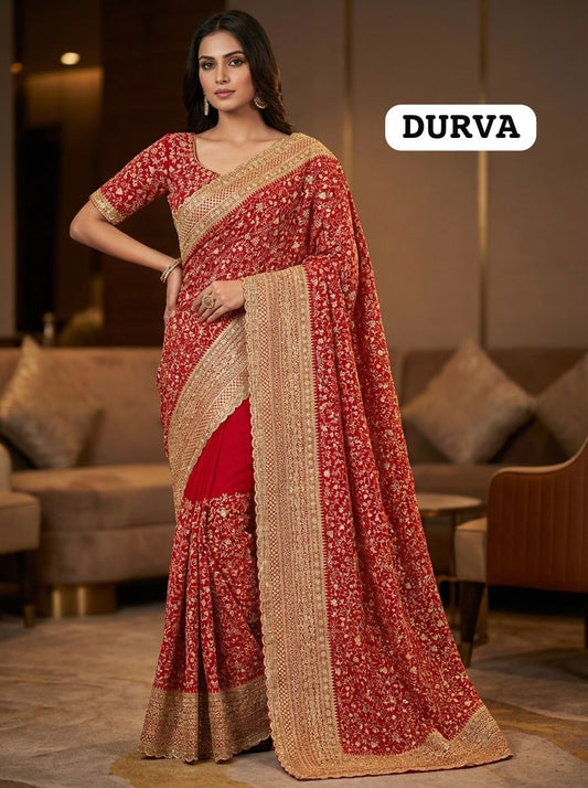 Classic Bridal Red Party Wear Saree with All-Over Zari & Stone Work