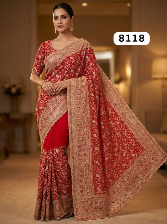 Vibrant Deep Red Ceremony Saree with Heavy Zari Jaal and Cutwork Border