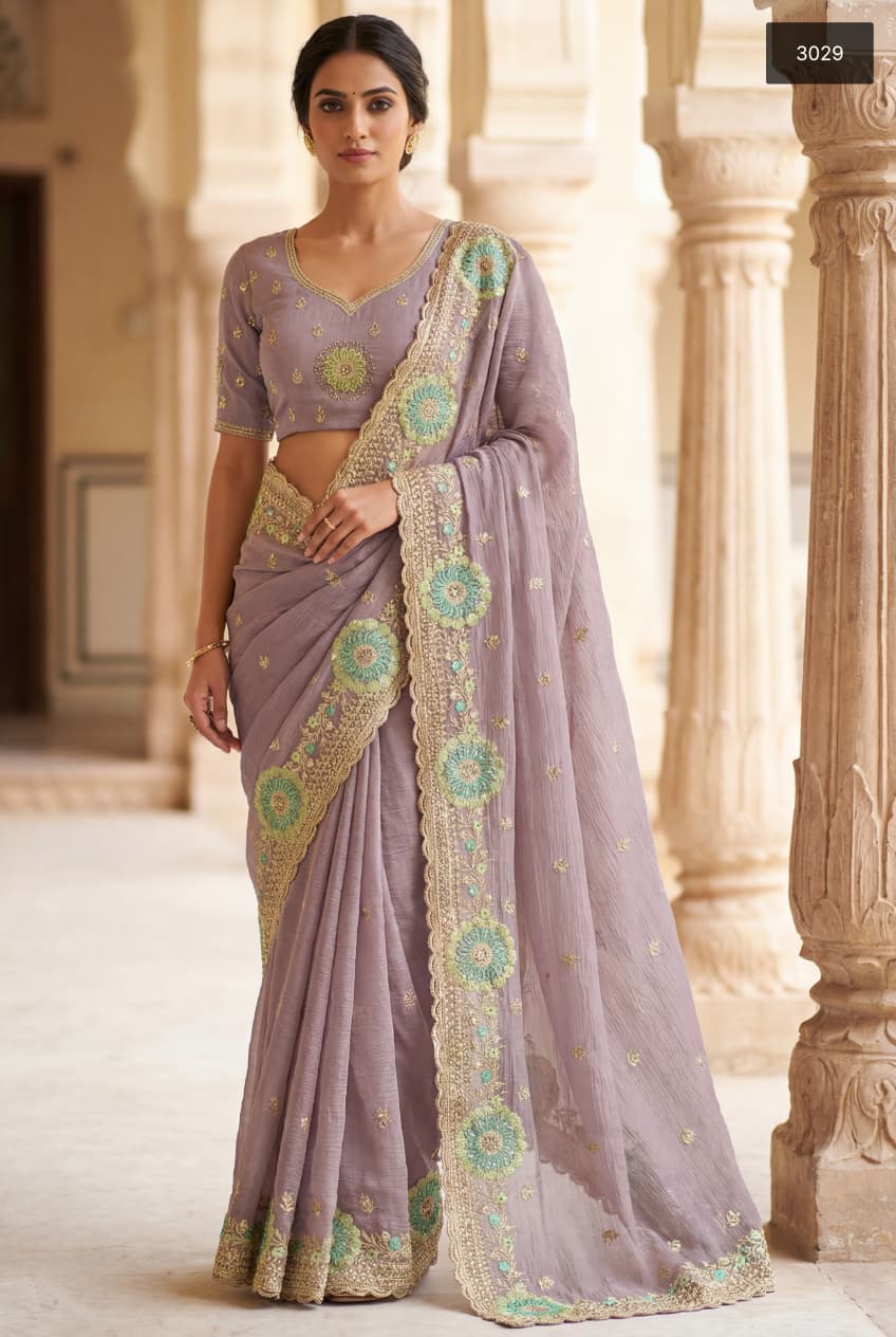 Mauve Elegance: Embroidered Simmer Saree