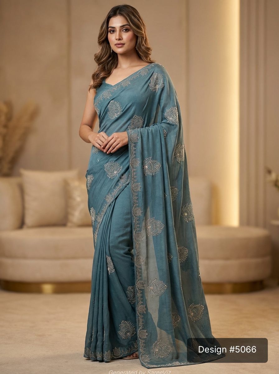 Teal Blue Embellished NC Moss Chiffon Saree