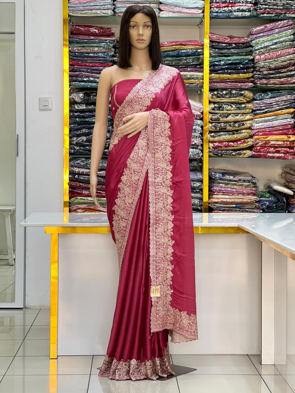 Premium Pink  Soft Silk Saree with Heavy Embroidery Border