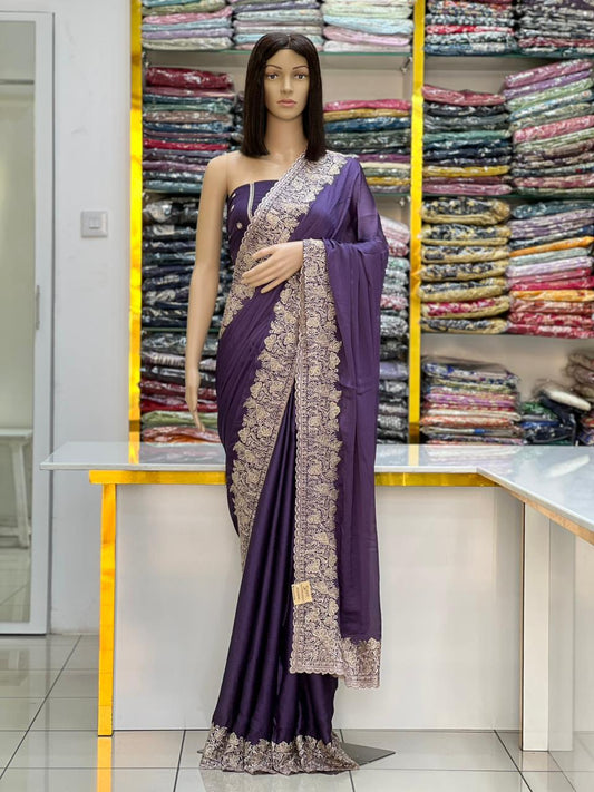 Royal Purple Silk Saree with Heavy Zari Embroidery Border