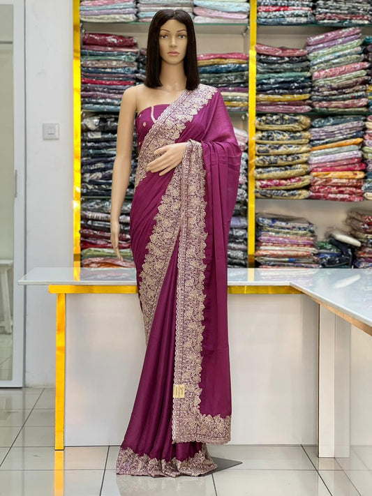 Premium Wine Purple Silk Saree with Heavy Zari Embroidery Border