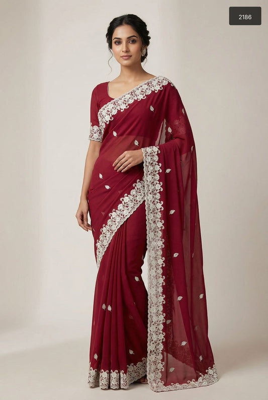 Maroon Radiance Hand-Embroidered Star Georgette Saree