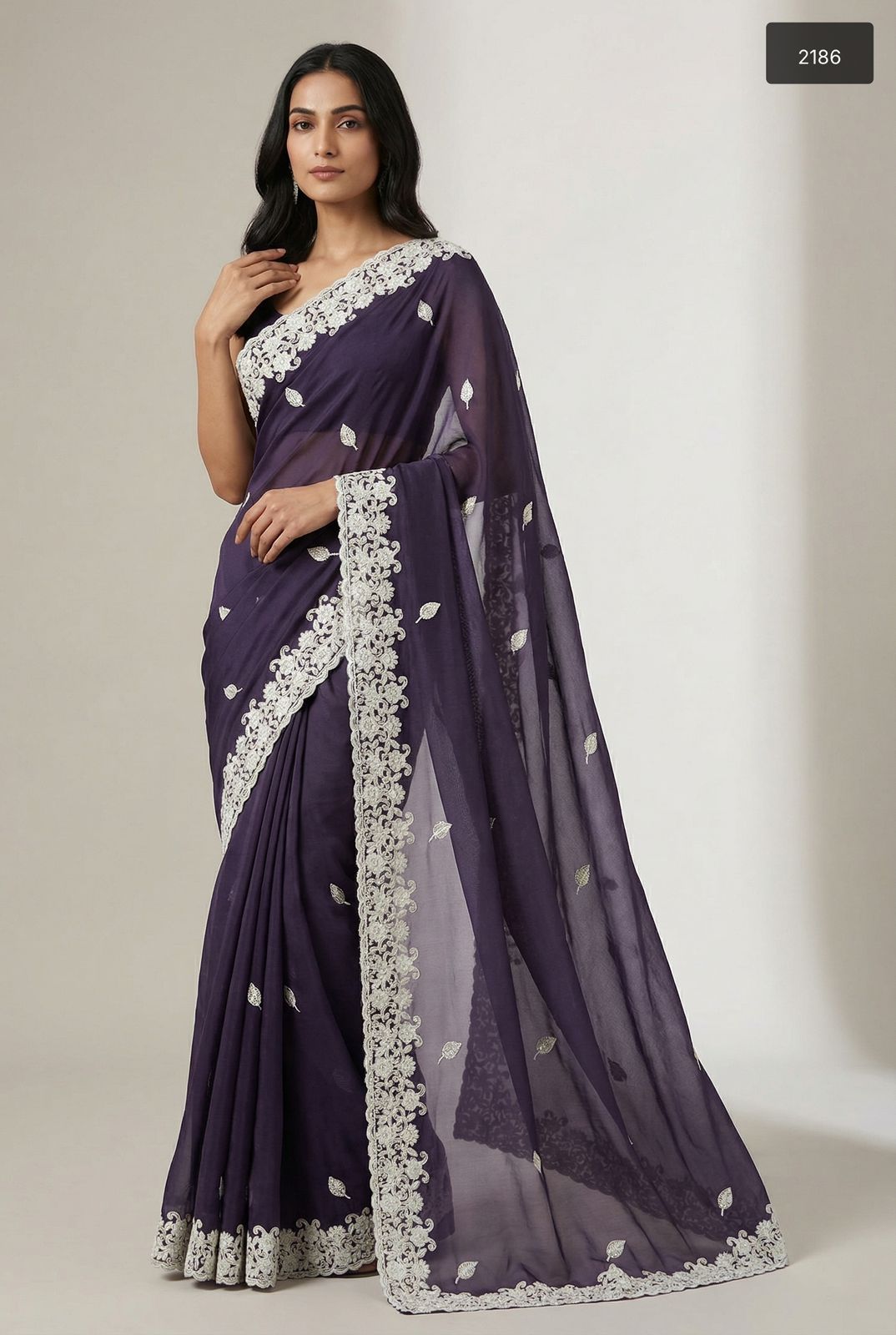 Elegant Deep Plum Star Georgette Saree with Intricate Silver Embroidery